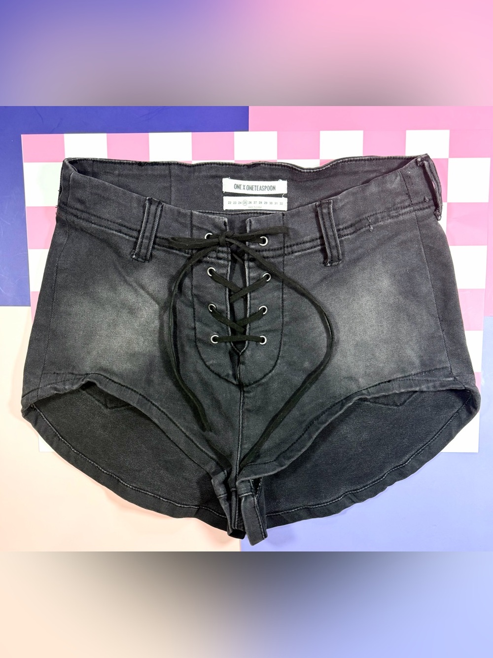 One Teaspoon Black Lace-Up High Waist Jean Shorts